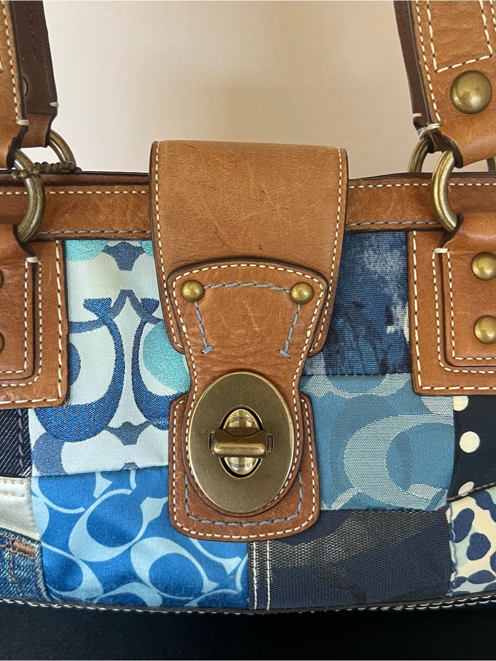 Coach Blue Patchwork Shoulder Bag with Brown Leather Trim